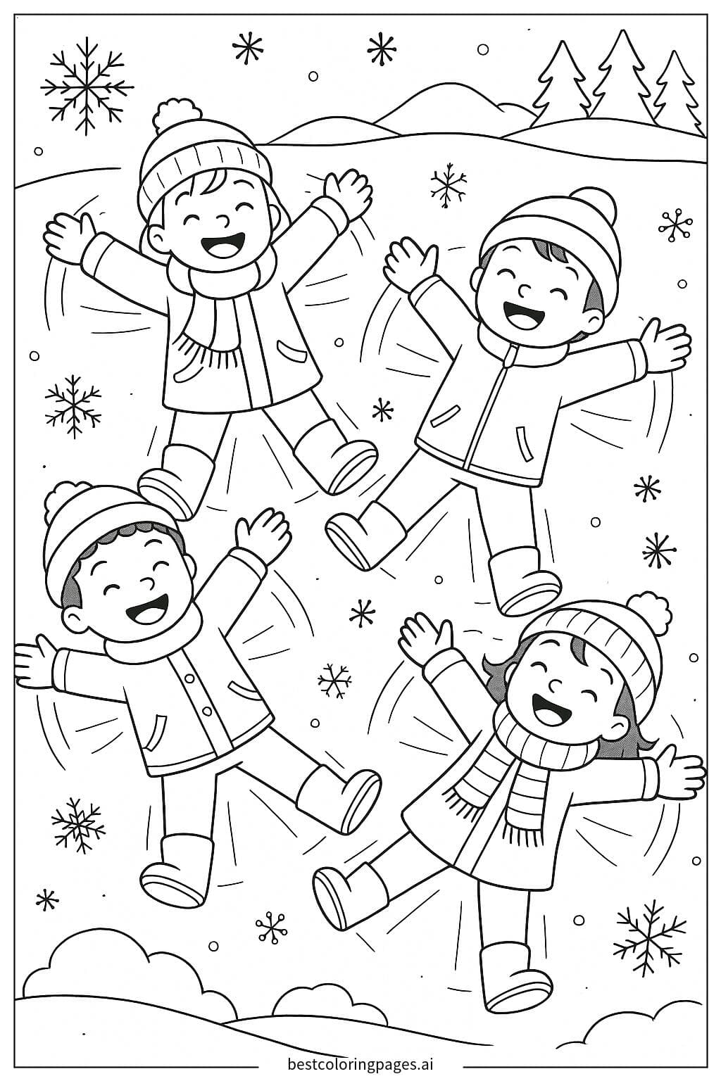 Kids Making Snow Angels Coloring Page