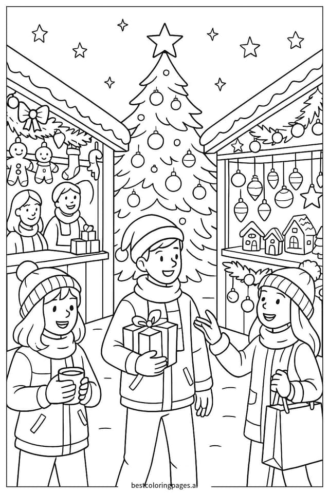 Disegni di Scena del Mercatino di Natale da Colorare