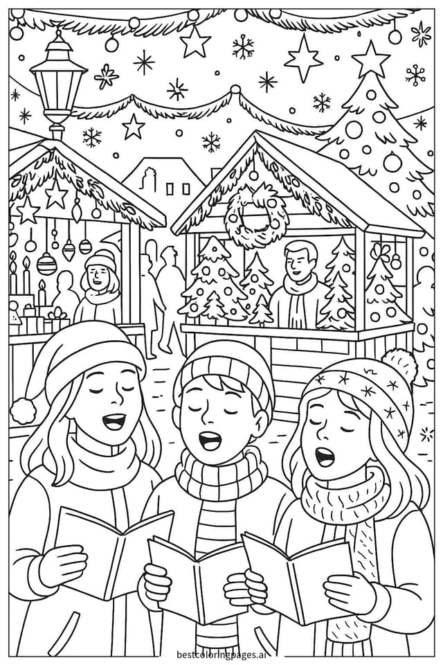 Disegni di Mercatino di Natale con Cantori da Colorare
