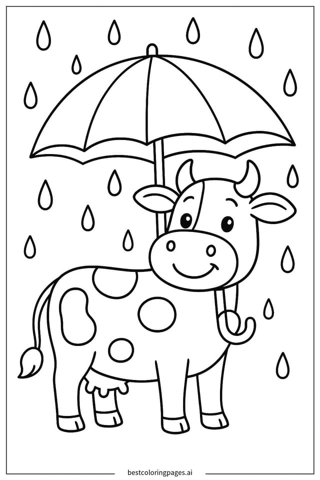 雨中撐著雨傘的可愛奶牛 著色圖