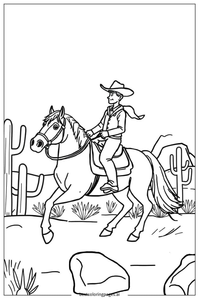 Cowboy Riding a Horse in the Desert Coloring Page