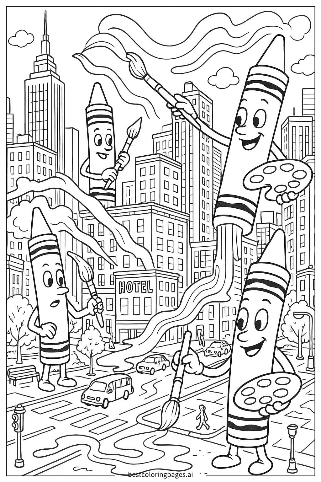 Crayons Bringing a Busy Cityscape to Life