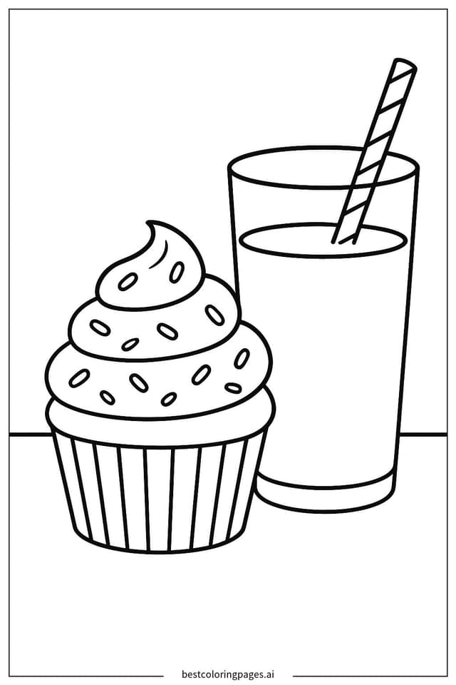 Delicious Cupcake and Refreshing Milk Coloring Page