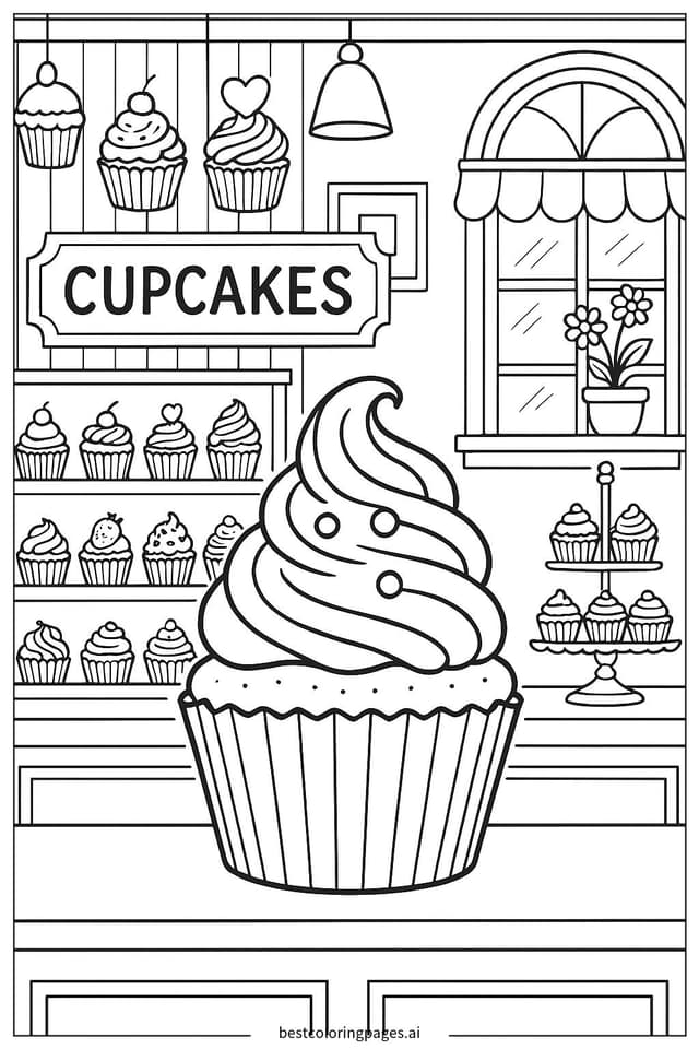 Delightful Cupcake Bakery Scene Coloring Page