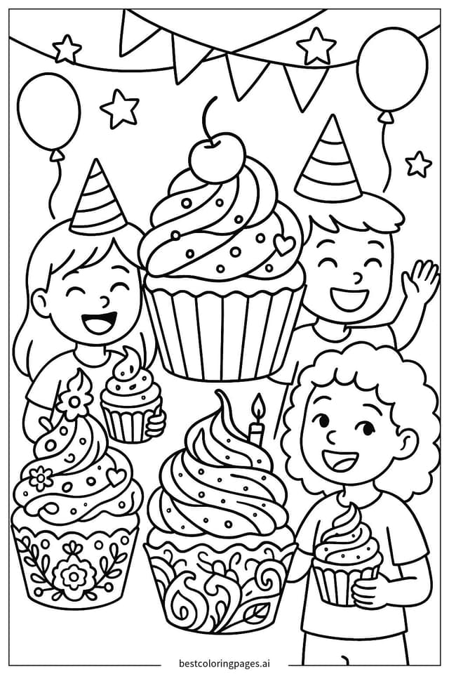 Cupcake Celebration with Friends Coloring Page