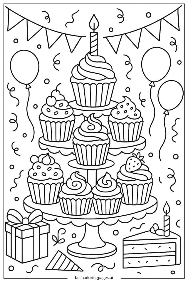 Disegni di Torre di cupcake a una festa di compleanno da Colorare
