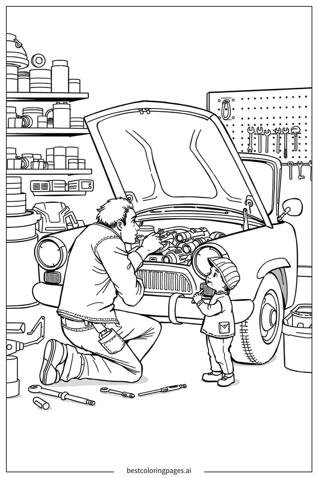 Father and Child Fixing a Car Together