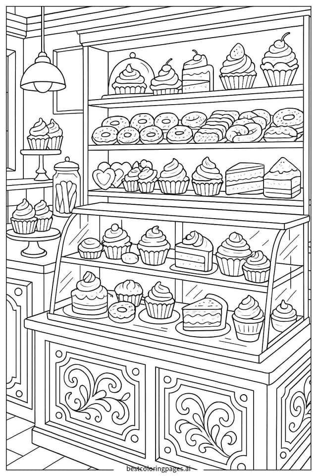 Disegni di Interno del Negozio di Dolci da Colorare