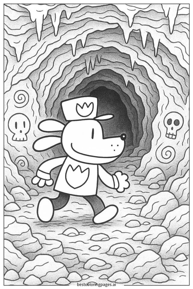 Coloriage Dog Man explorant une grotte mystérieuse
