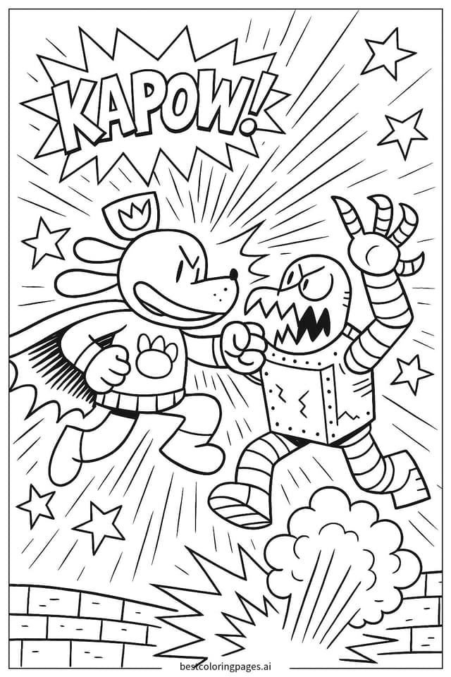 Coloriage Dog Man dans une bataille de super-héros