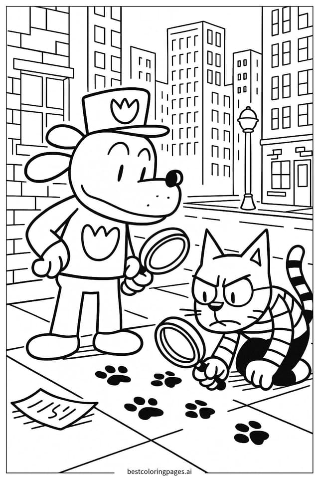 Coloriage Dog Man résolvant un crime avec Petey