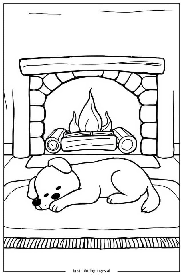 Coloriage Chien reposant près de la cheminée
