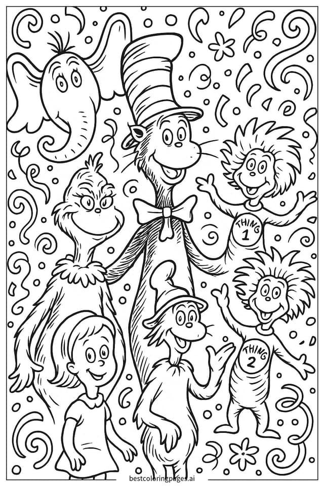 Dr. Seuss Characters in Celebration Coloring Page