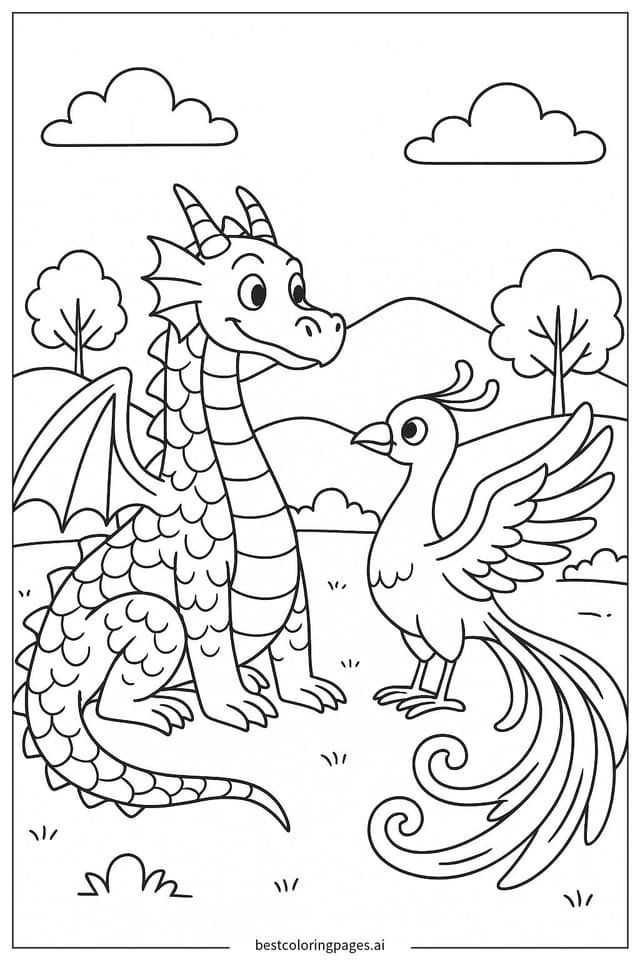 Dragon and Phoenix Friendship Coloring Page