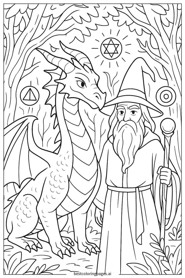 Dragon and Wizard Alliance Coloring Page