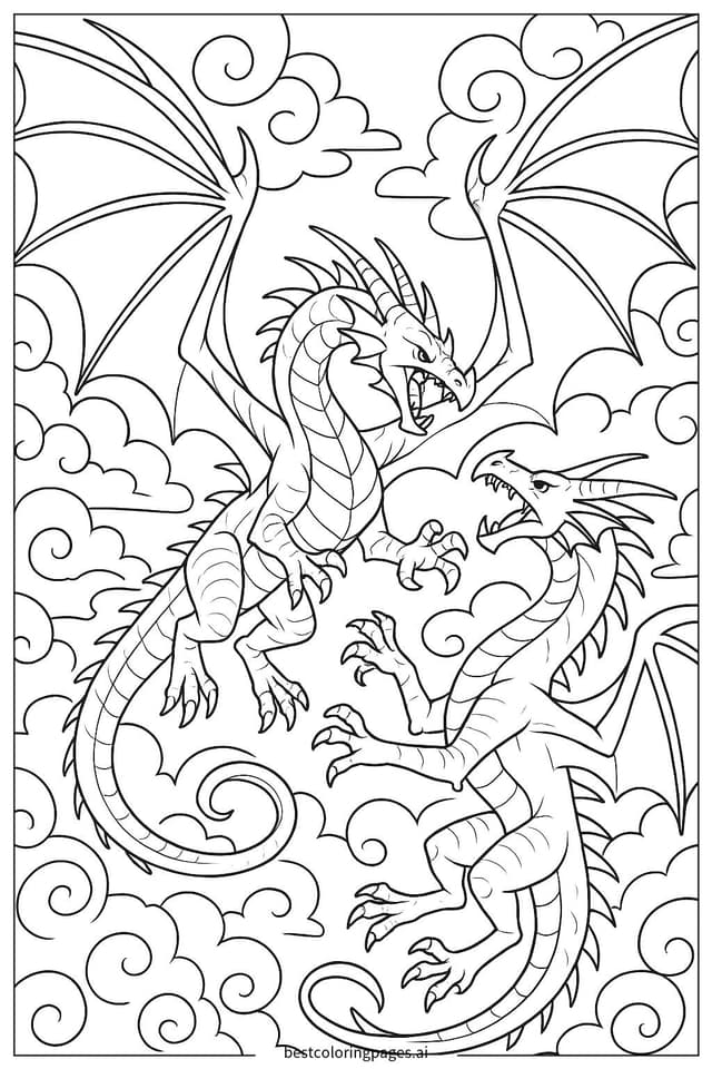 Epic Dragon Battle in the Sky Coloring Page