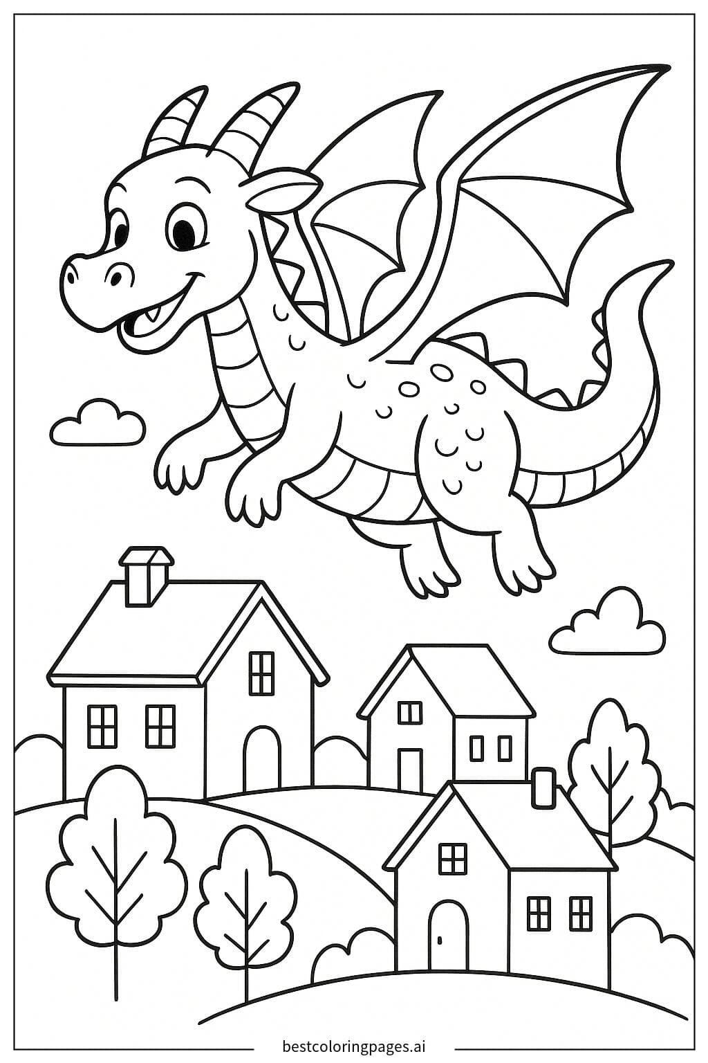 Dragon Flying Over a Village