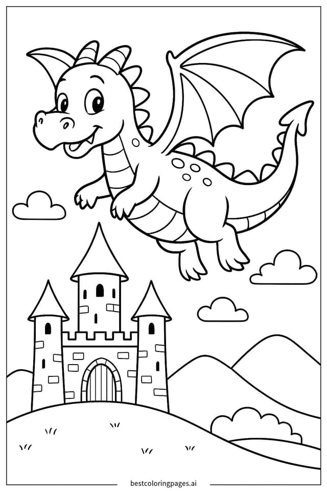 Dragon Flying Over the Castle Coloring Page
