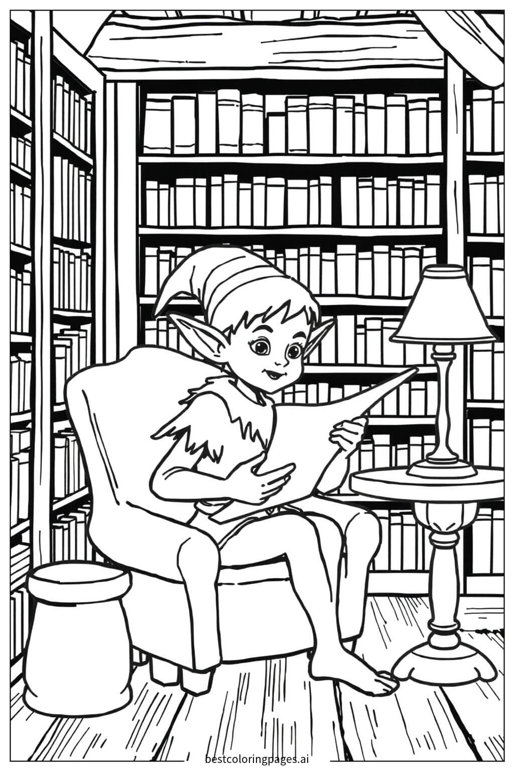 Elf liest eine Schriftrolle in einer Bibliothek