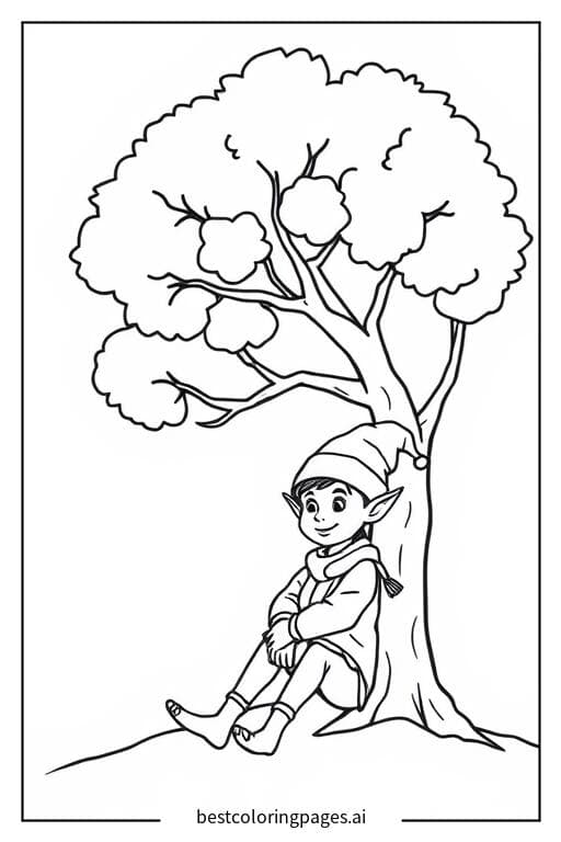 Elf Relaxing Under a Tree Coloring Page
