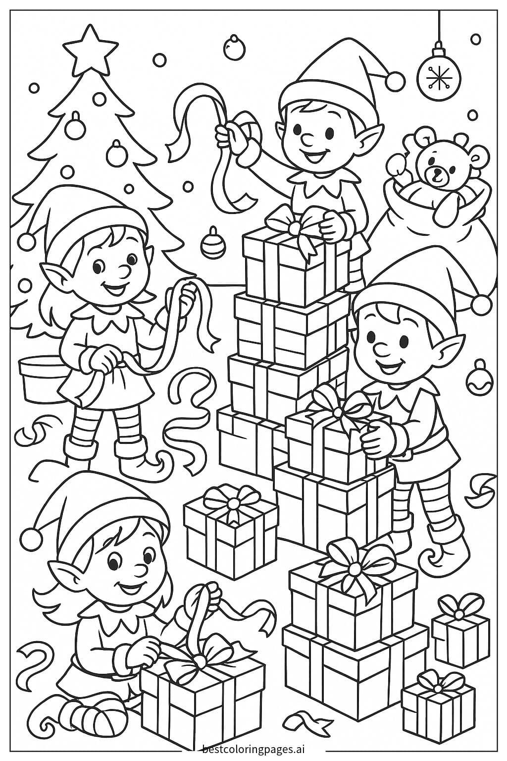 Duendes embrulhando presentes com fitas