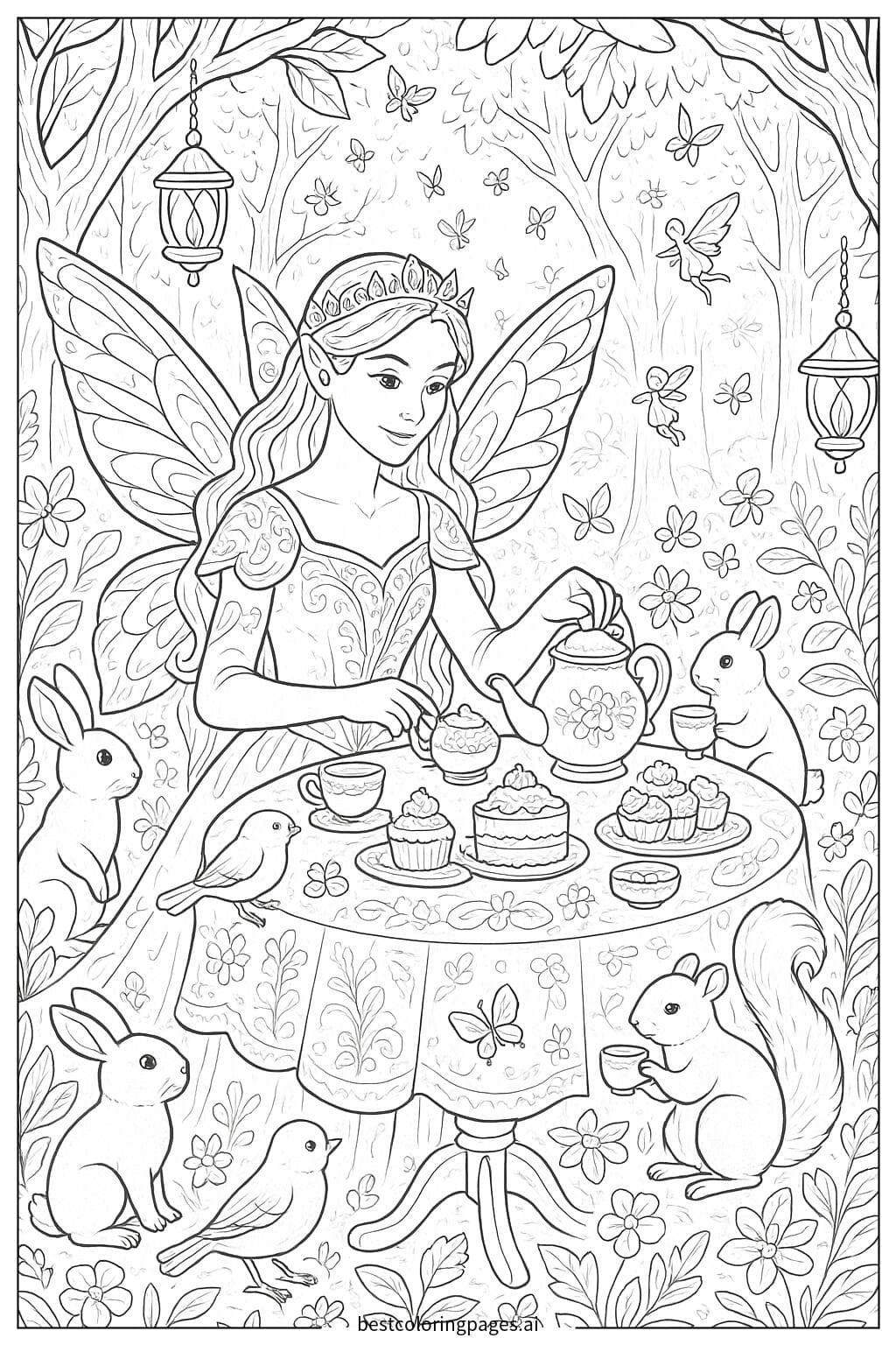 Fairy Queen Hosting a Tea Party Coloring Page