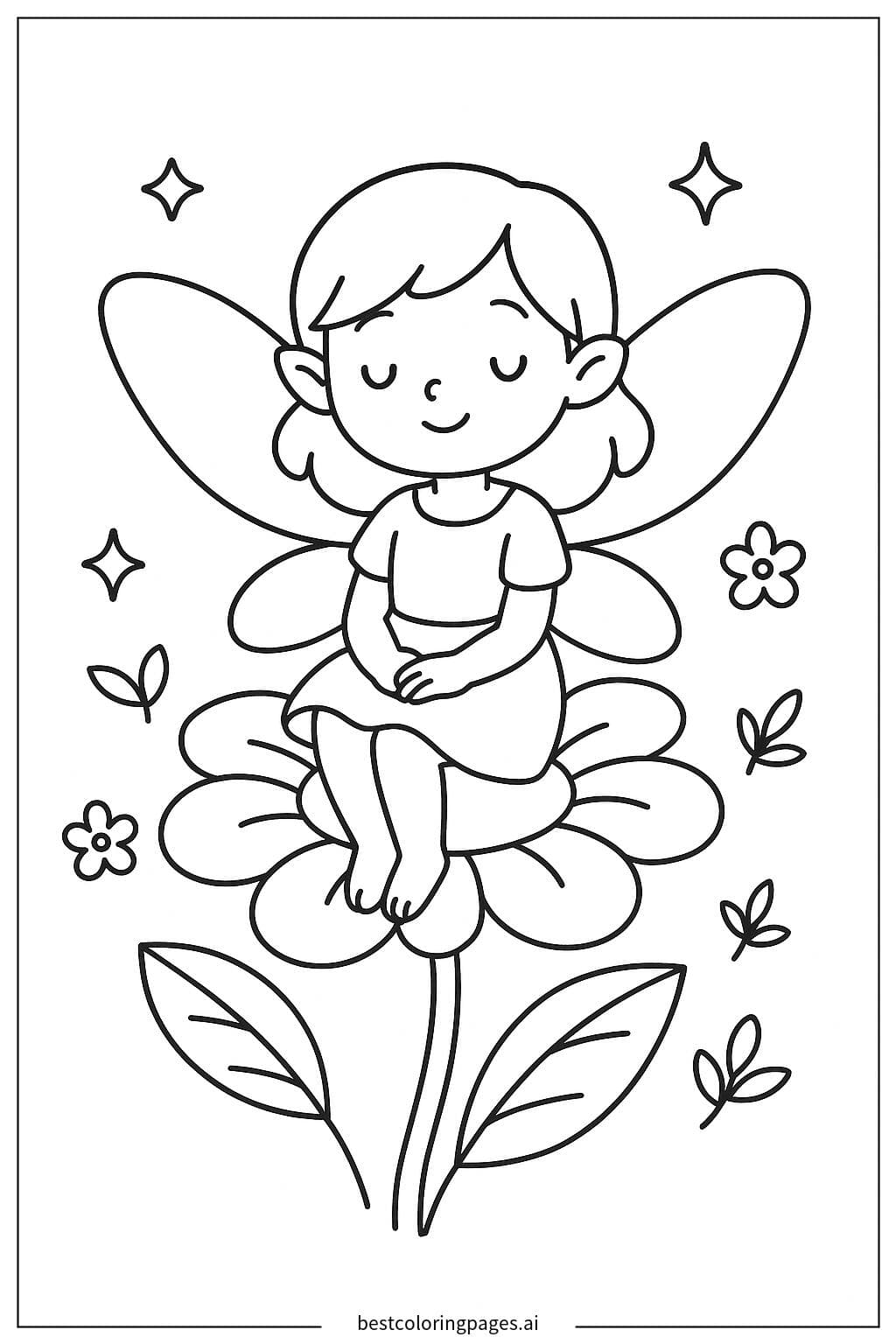 Fairy Sitting on a Flower Coloring Page