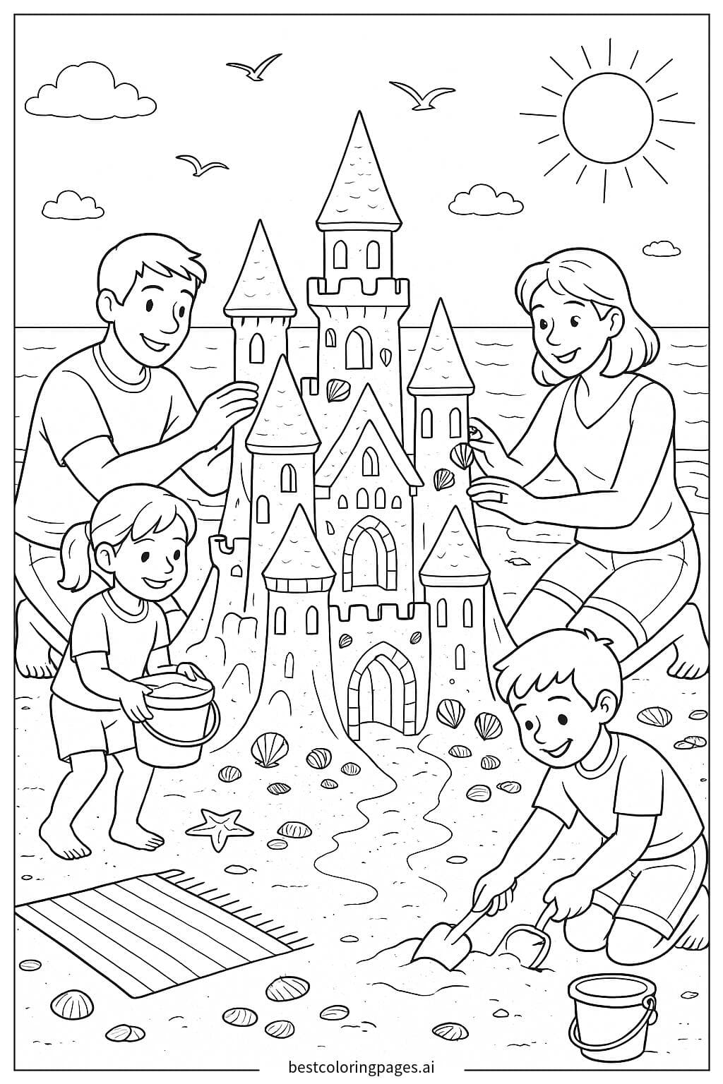 Desenhos de Família construindo um castelo de areia para Colorir