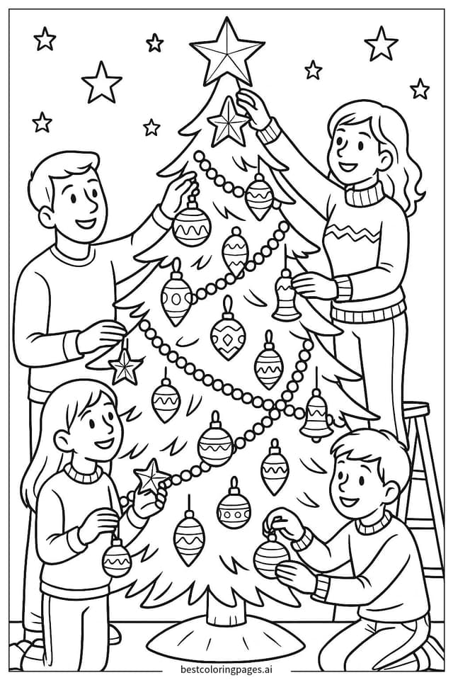Disegni di Famiglia che Decora l'Albero di Natale da Colorare
