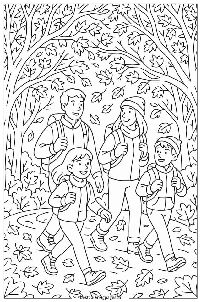 Familienwanderung durch herbstliche Wälder Ausmalbilder