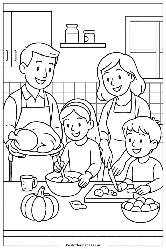 Familie bereitet Essen in der Küche zu Ausmalbilder