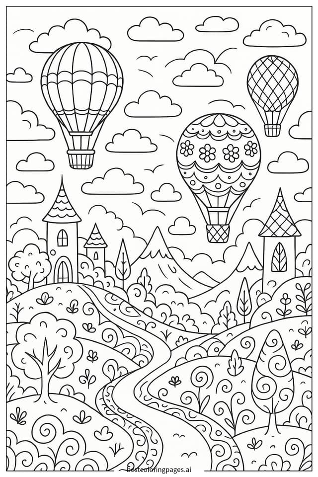 Dibujos de Tierra de Fantasía con Globos Flotantes para Colorear