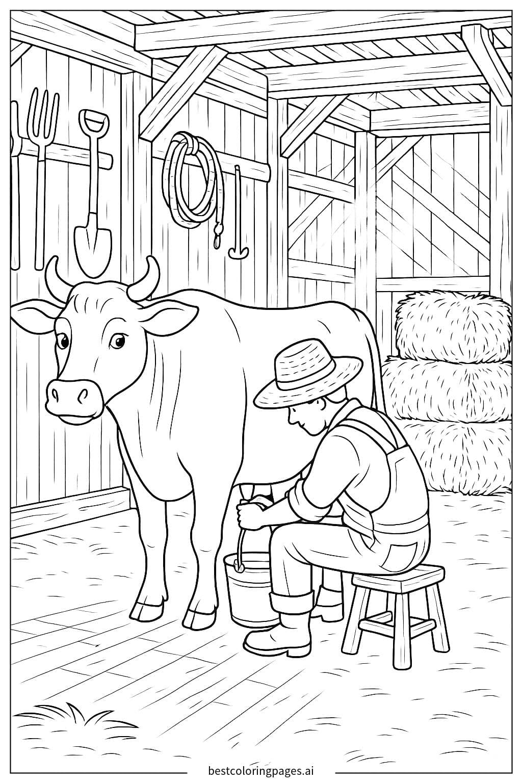 Farmer Milking a Cow in a Cozy Barn