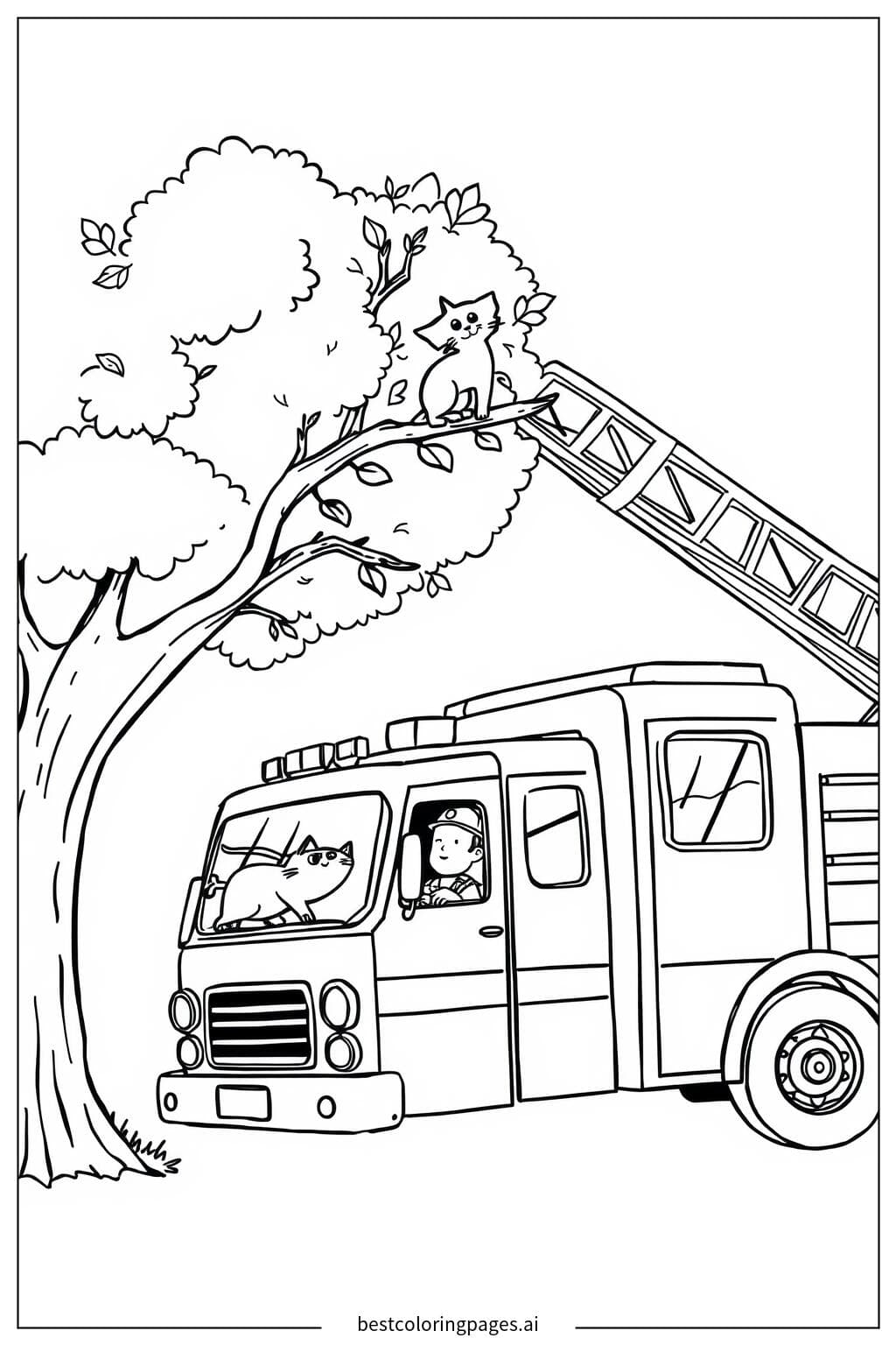 Fire Truck Rescuing a Cat from a Tree