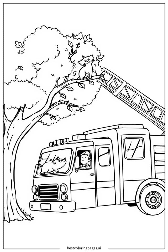 Disegni di Autopompa dei pompieri salva un gatto sull'albero da Colorare