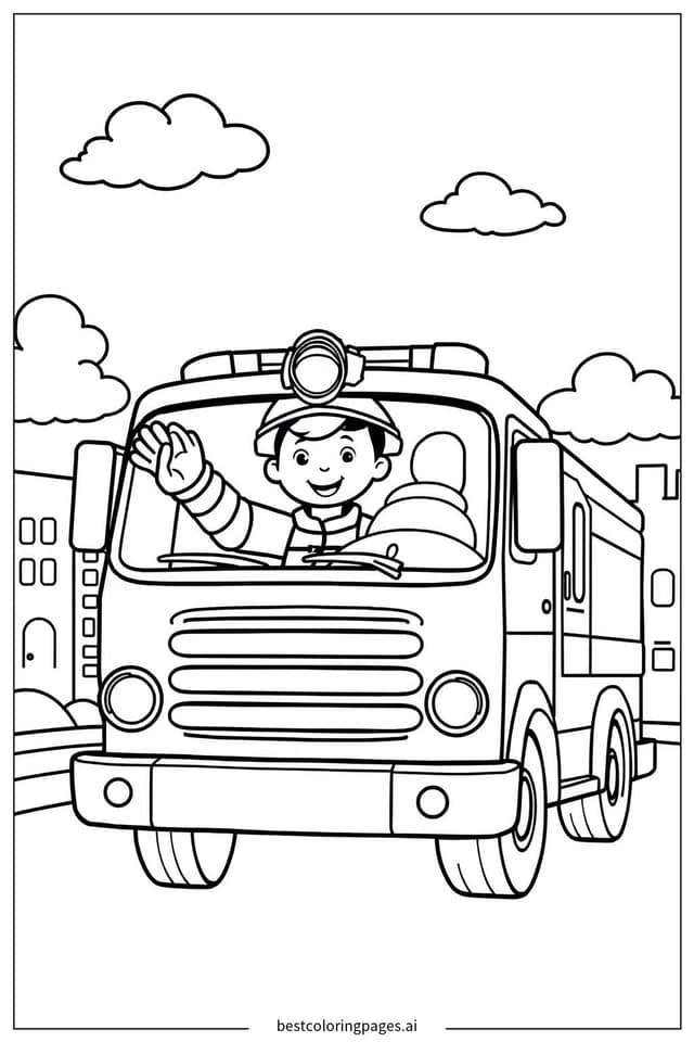 Desenhos de Caminhão de Bombeiros com Bombeiro para Colorir
