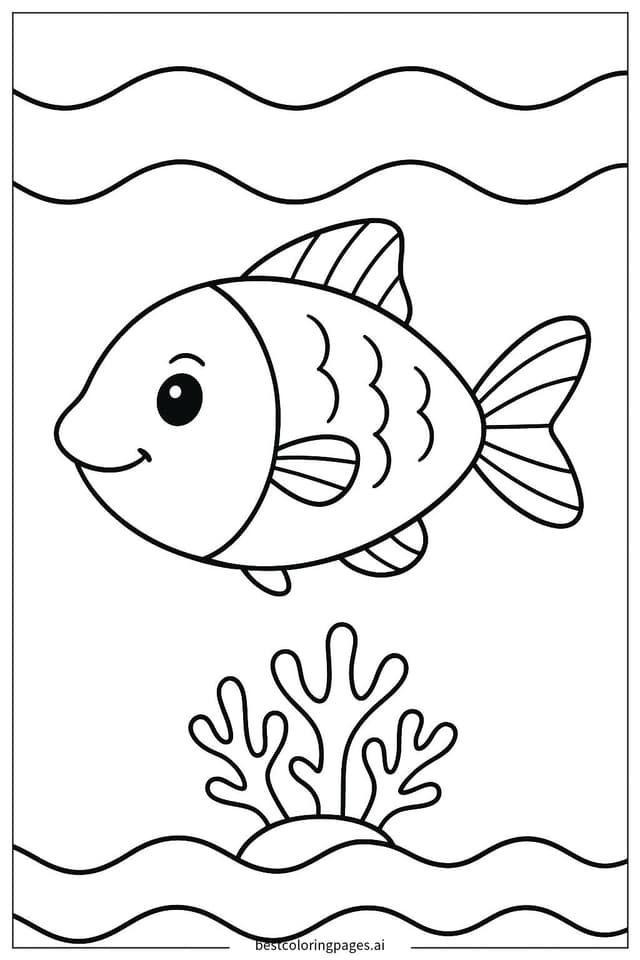 Cheerful Fish with Coral Coloring Page