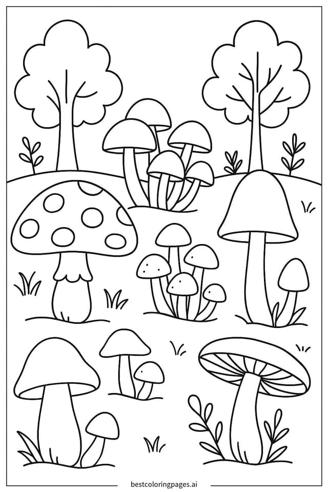 Dibujos de Bosque con diferentes tipos de setas para Colorear