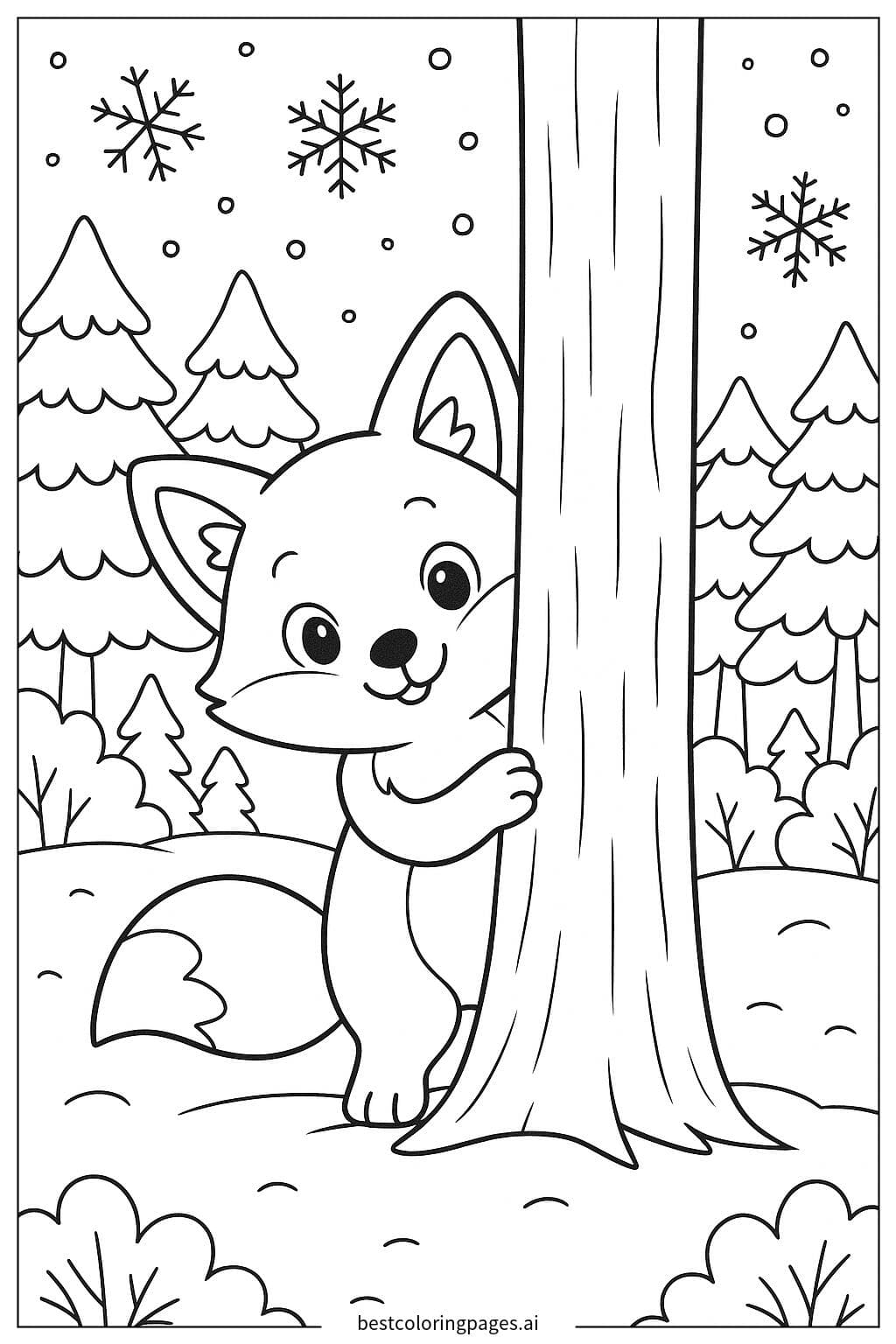 Raposa escondida em uma floresta nevada