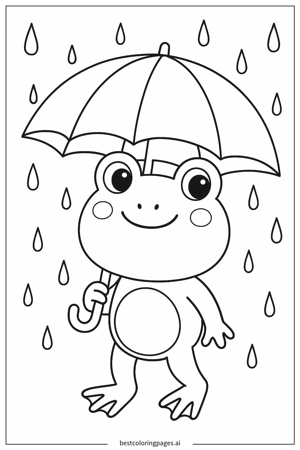 雨の中で傘を持つカエル