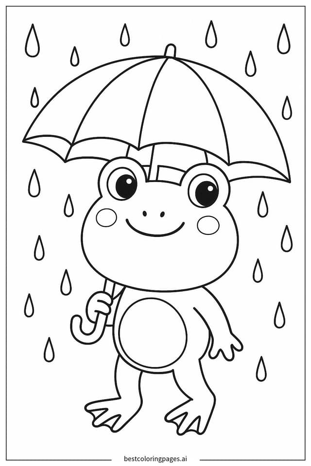 雨の中で傘を持つカエル のぬりえ