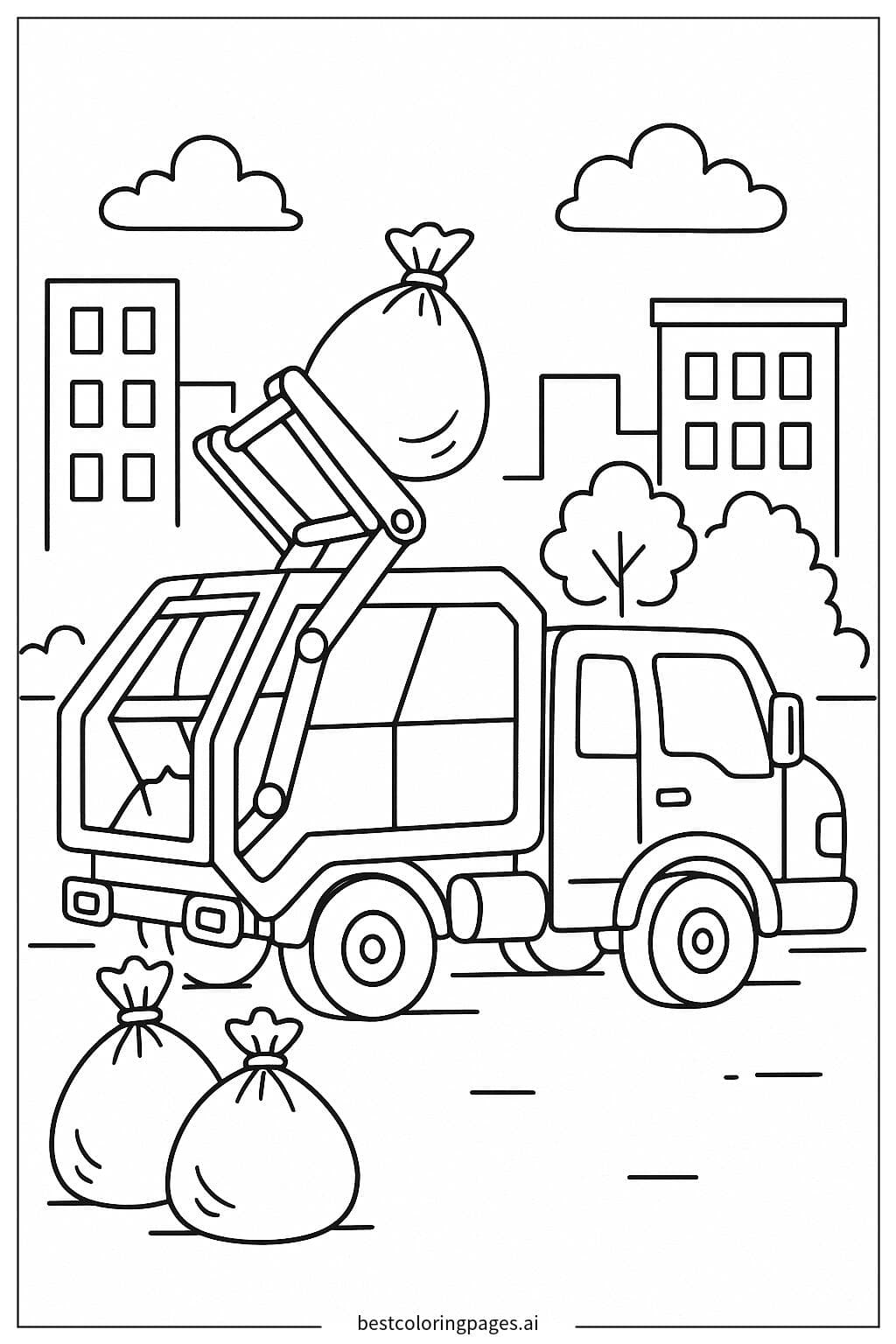 Garbage Truck Picking Up Trash Bags