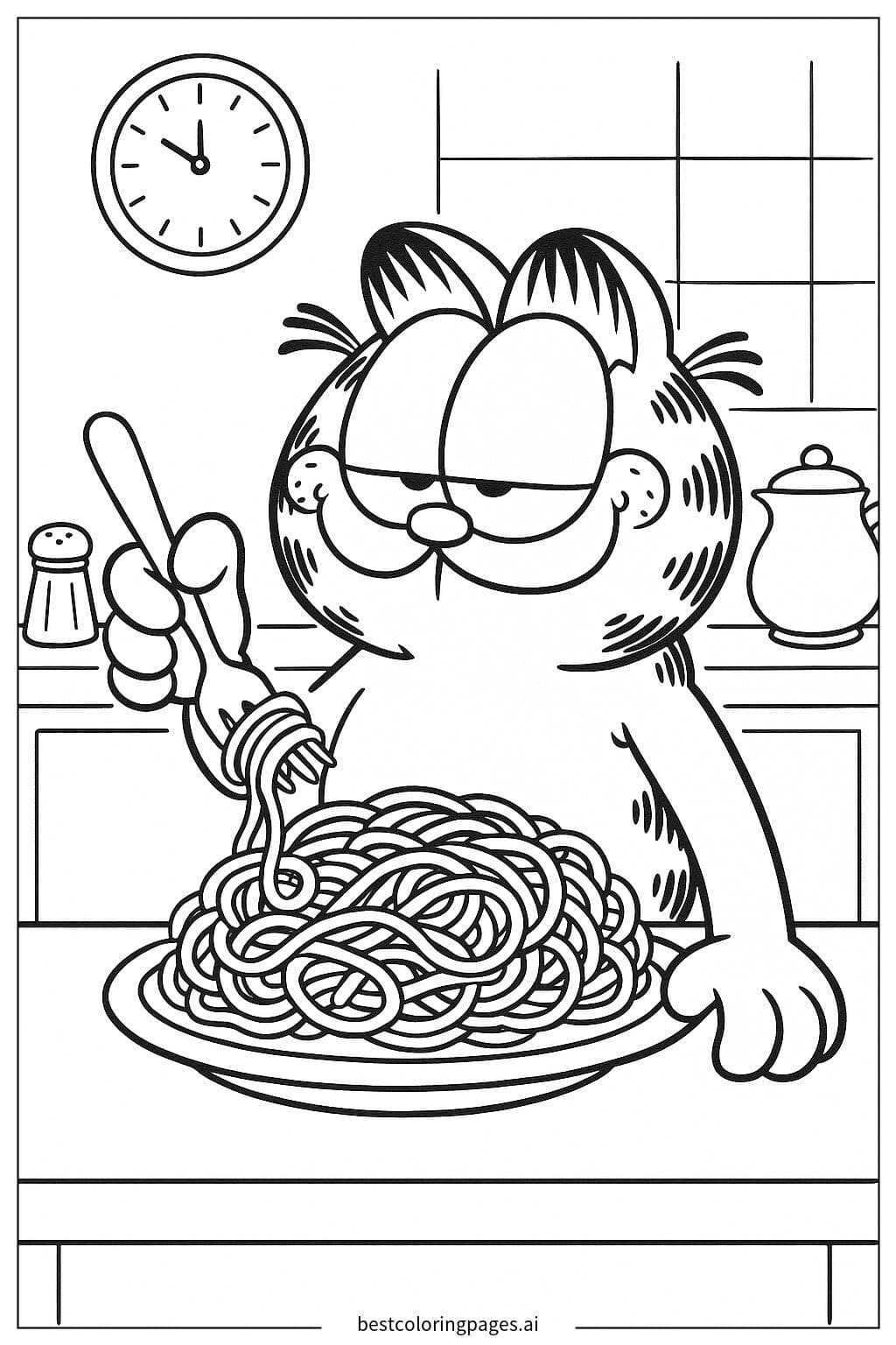 テーブルでスパゲッティを食べるガーフィールド