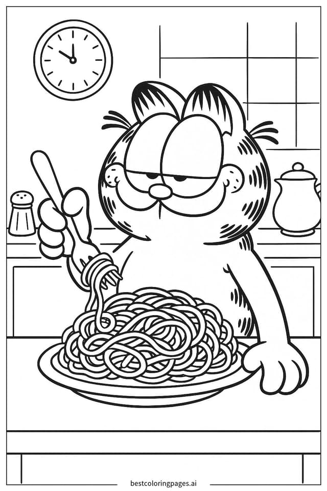 テーブルでスパゲッティを食べるガーフィールド のぬりえ
