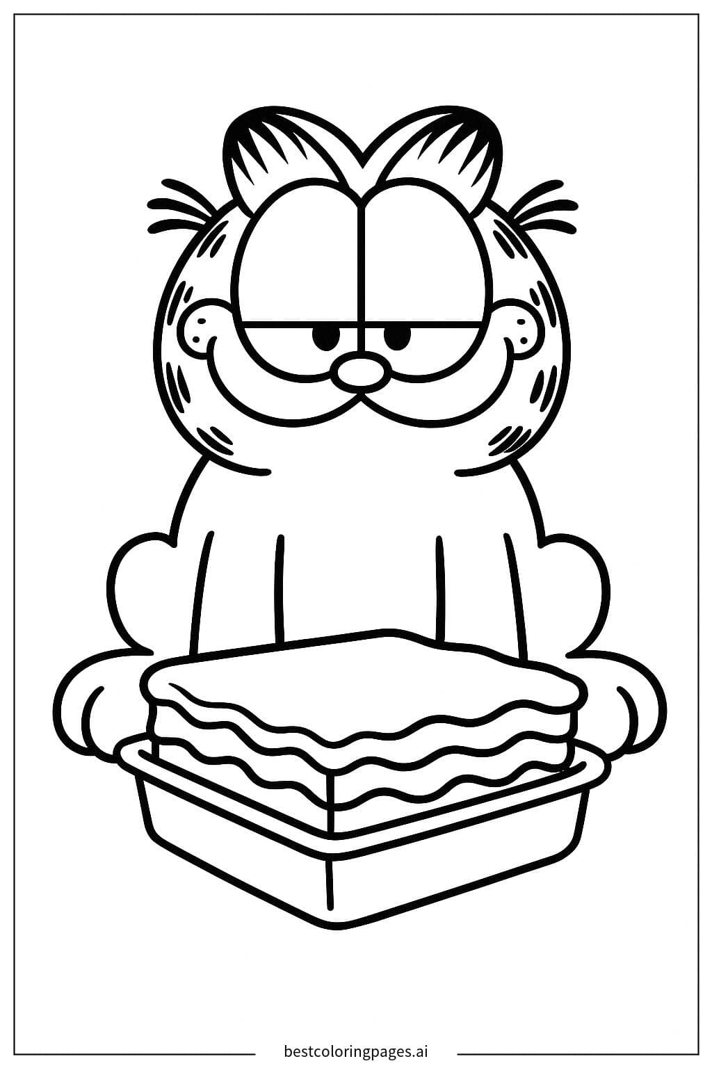 Disegni di Garfield seduto con una lasagna da Colorare