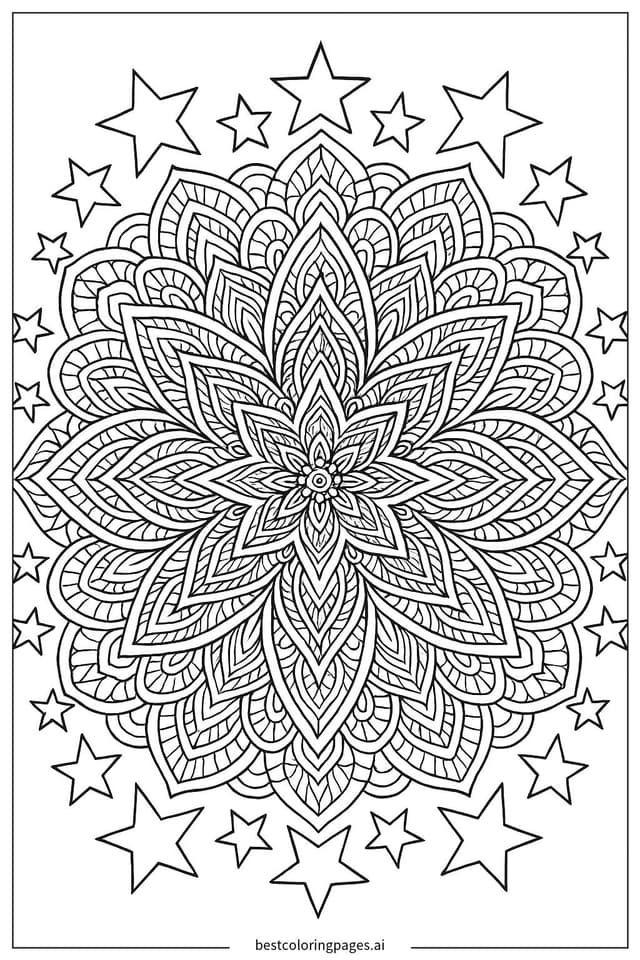 Geometric Mandala with Stars Coloring Page