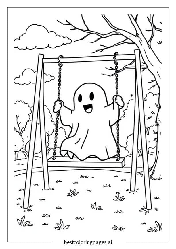 Ghost Enjoying a Swing in the Park Coloring Page