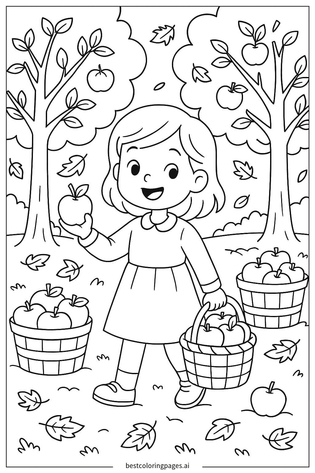 Girl Picking Apples in the Orchard Coloring Page