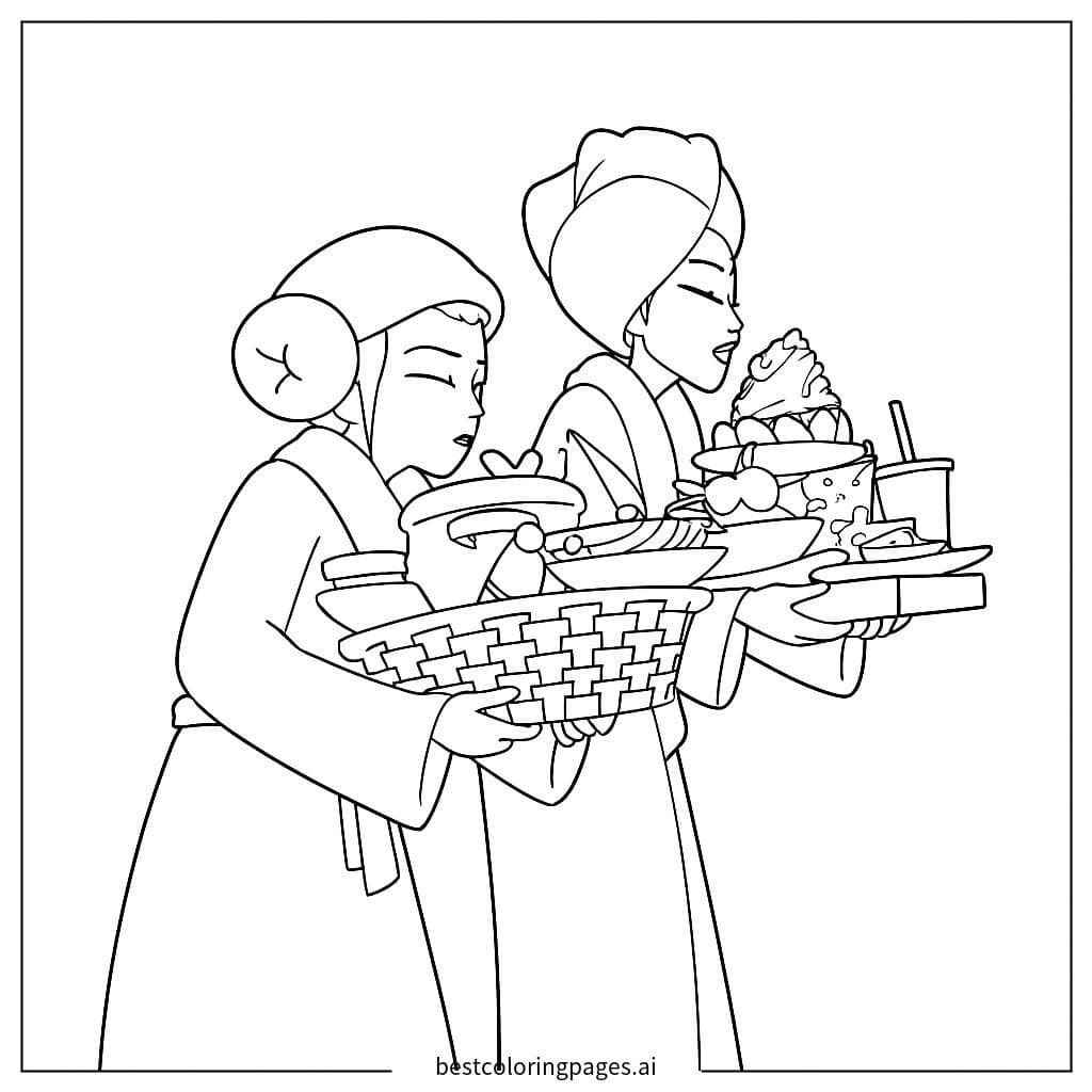 女孩們端著早餐