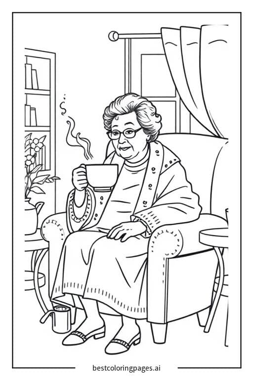 Coloriage Mamie buvant du thé